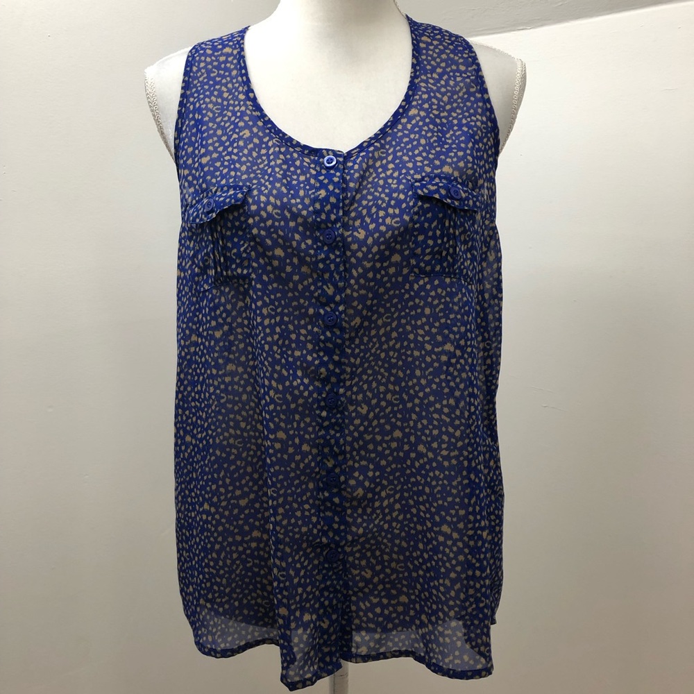 Mine Sleeveless Blue Gold Print Sleeveless Button Top Size L
